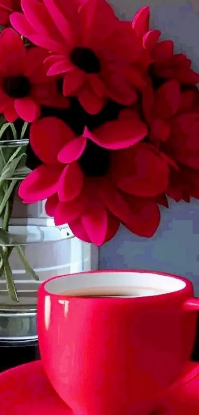 Red floral cup and matching flowers wallpaper.