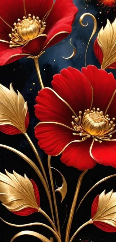 Red and gold floral wallpaper design.