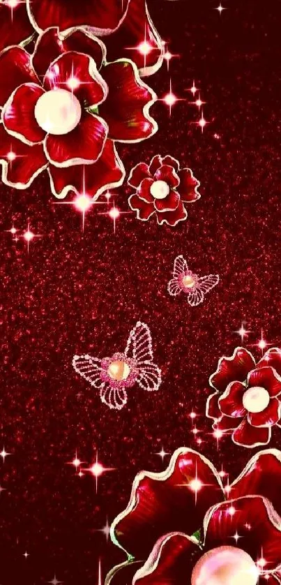 Elegant red floral wallpaper with pearls and butterflies on mobile.