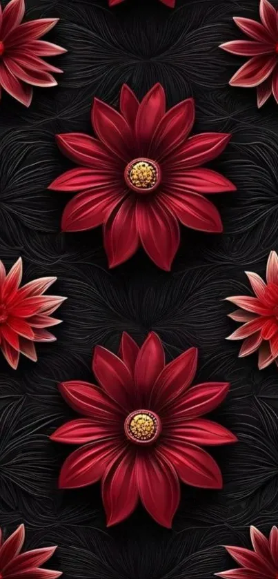 Elegant stylized red flowers on dark background.