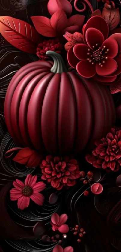 Elegant mobile wallpaper with a red pumpkin surrounded by floral designs.