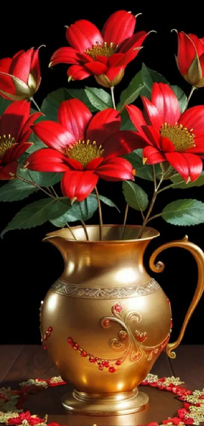 Elegant red flowers in a gold vase against a dark background.