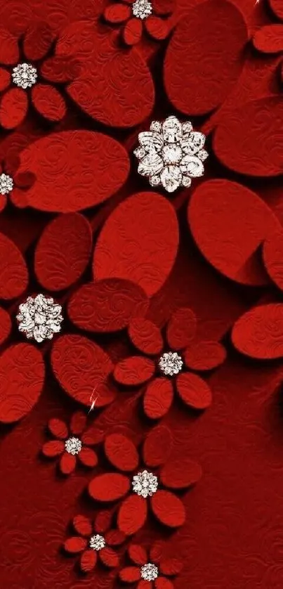 Elegant red floral wallpaper with intricate patterns and sparkling accents.