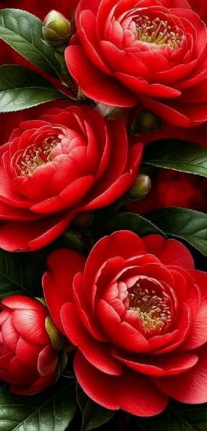 Vibrant red floral wallpaper with lush green leaves.