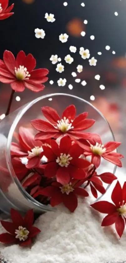 Elegant red flowers and petals in a minimalist artistic composition.