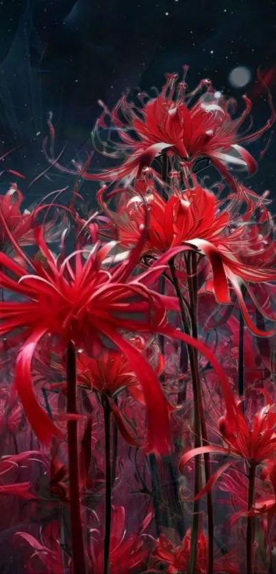 Beautiful red flowers bloom under a starry night sky on mobile wallpaper.