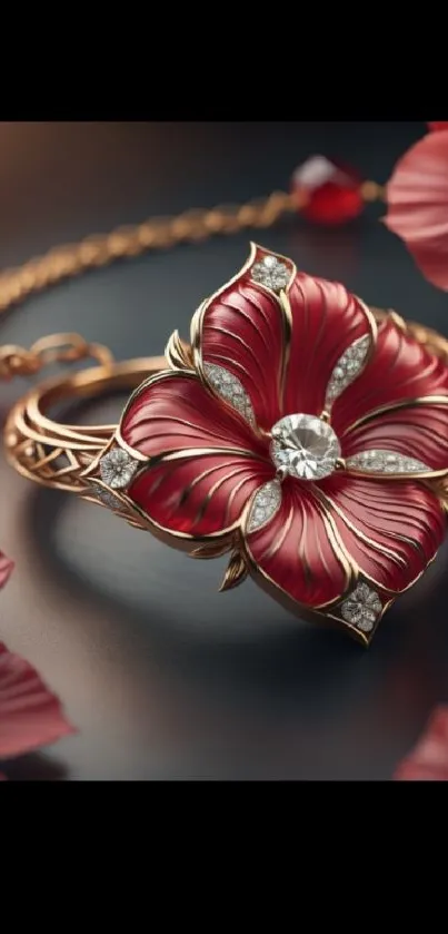 Elegant crimson red flower ring with golden details on wallpaper.