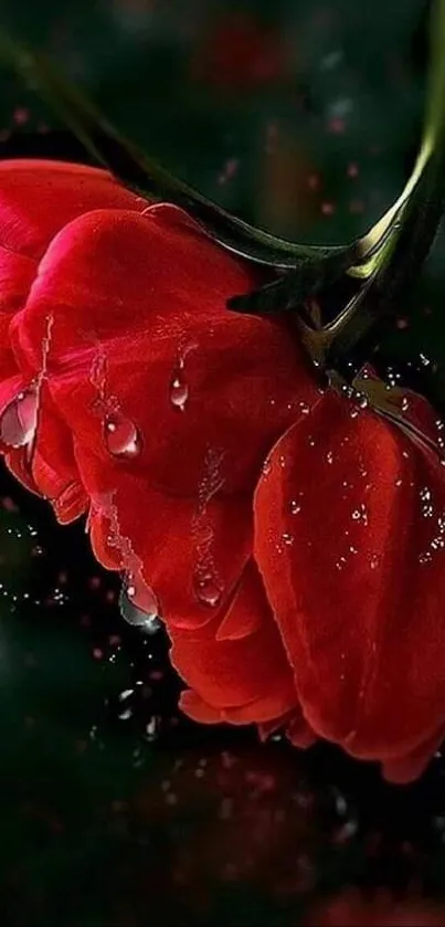 Close-up of a red flower with dewdrops against a dark background.