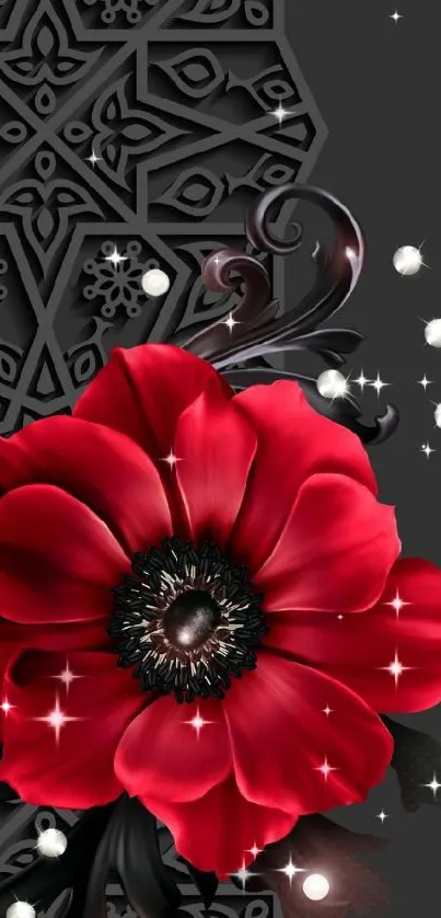 Elegant wallpaper with red flower and black geometric background.