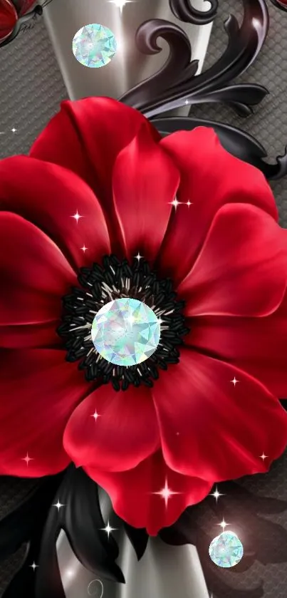 Red flower with crystal accents on elegant wallpaper.