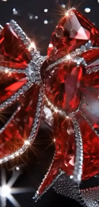 Luxurious red gemstone bow with diamonds on a dark background.