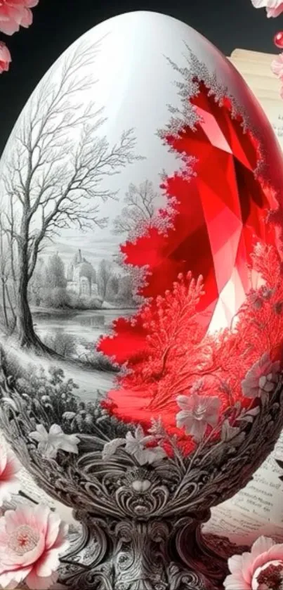 Intricate red gemstone egg with floral accents and detailed design.