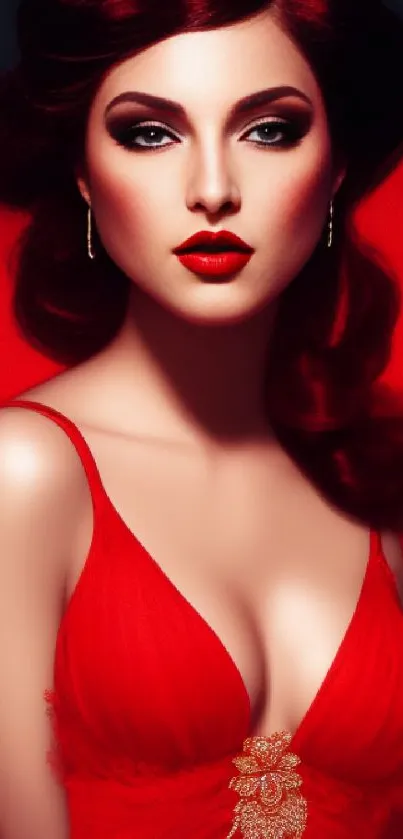 Elegant woman in a vibrant red dress, exuding glamour and luxury.