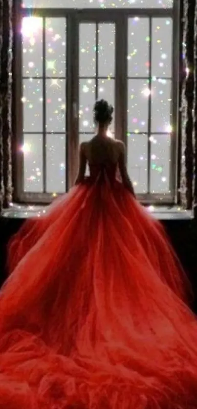 Woman in a red gown stands by a window with a starry night backdrop.