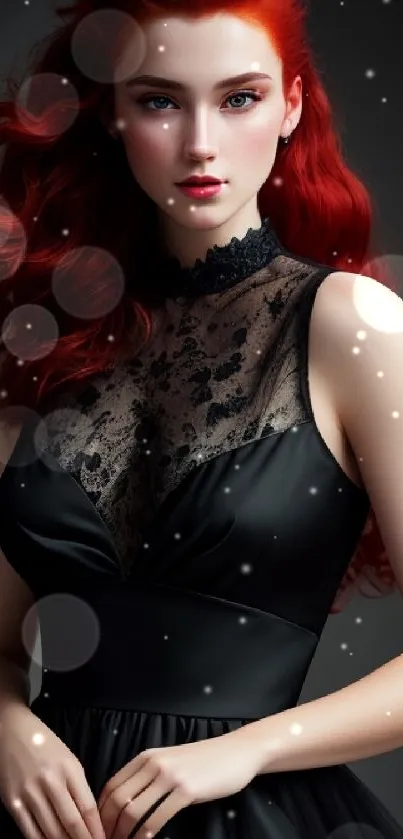 Red-haired woman in black lace dress portrait.