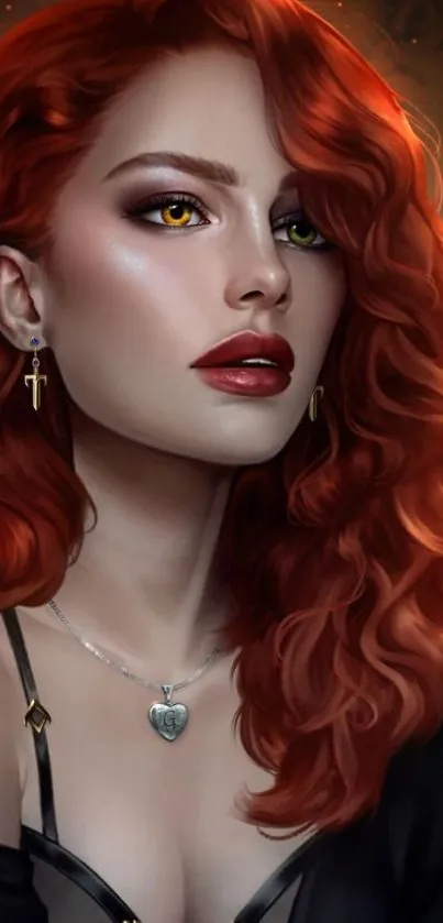 Digital portrait of a woman with red hair and gold eyes, ideal for mobile wallpaper.