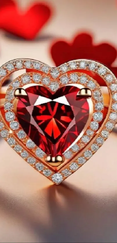 Heart-shaped red jewel set in gold for mobile wallpaper
