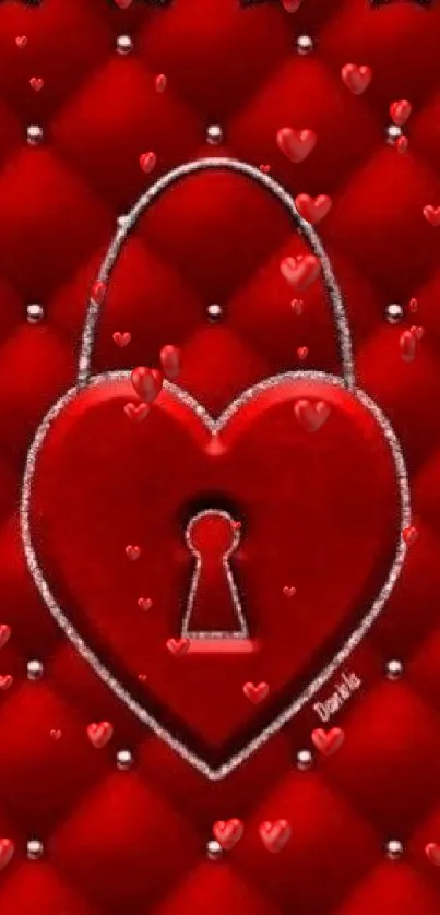 Red quilted heart lock wallpaper with keyhole.