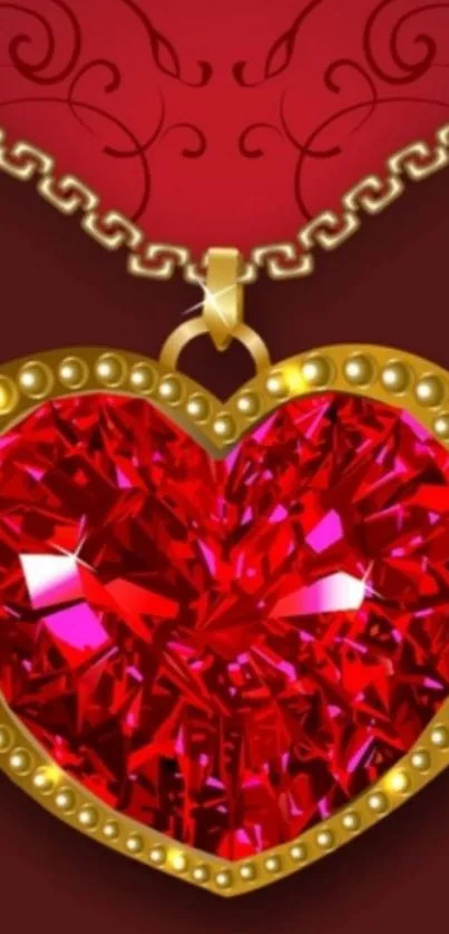 Radiant red heart-shaped gemstone pendant on gold chain wallpaper.