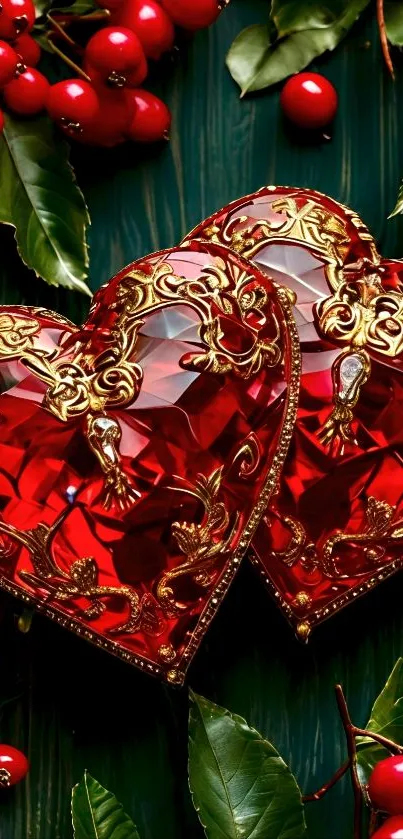 Red and gold heart ornaments with leaves.