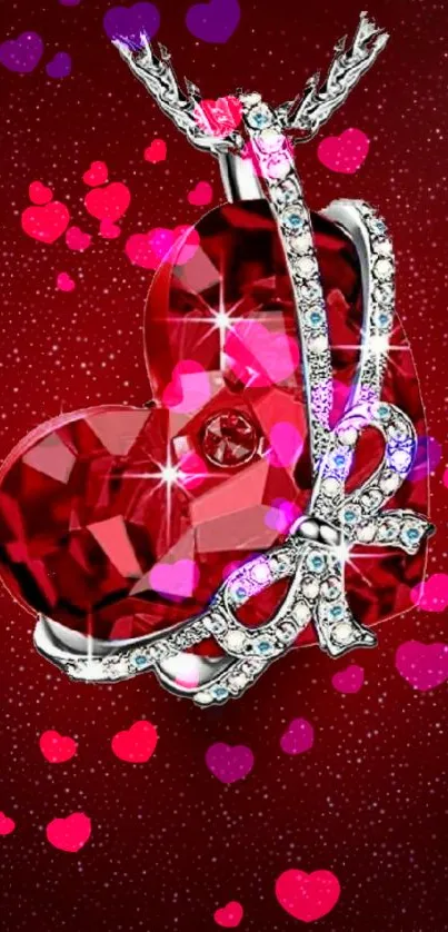 Red heart-shaped pendant with diamond bow on rich red background.