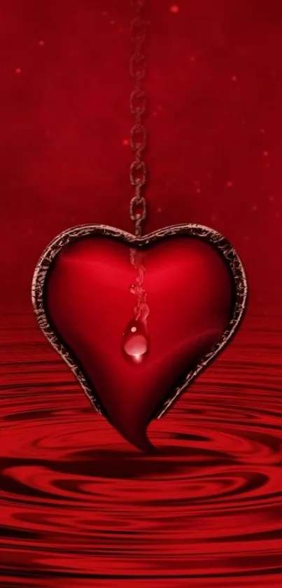 Striking red heart with chain on water backdrop.