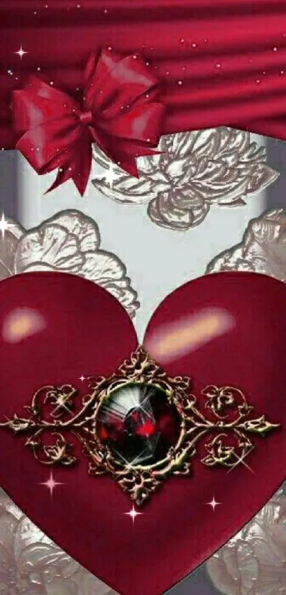 Elegant red heart with floral designs and burgundy tones on a mobile wallpaper.