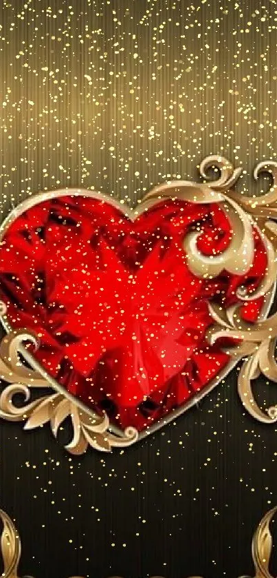 Elegant red heart and gold design on black background.