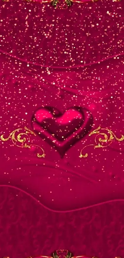 Rich red wallpaper with heart and golden floral designs.