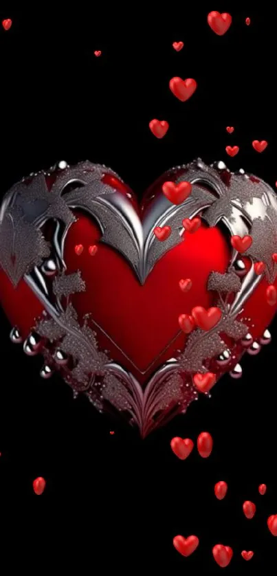 Red heart with metallic details on a dark background.