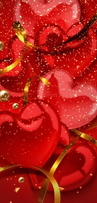 Red hearts with golden ribbons on a rich red background.