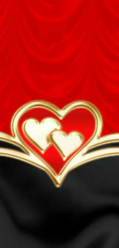 Elegant red and black wallpaper with gold hearts.