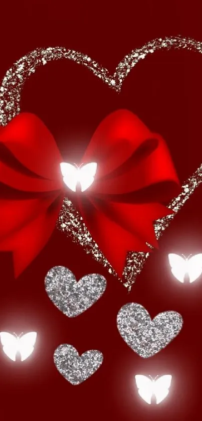 Elegant red wallpaper with heart design, featuring a bow and butterflies.