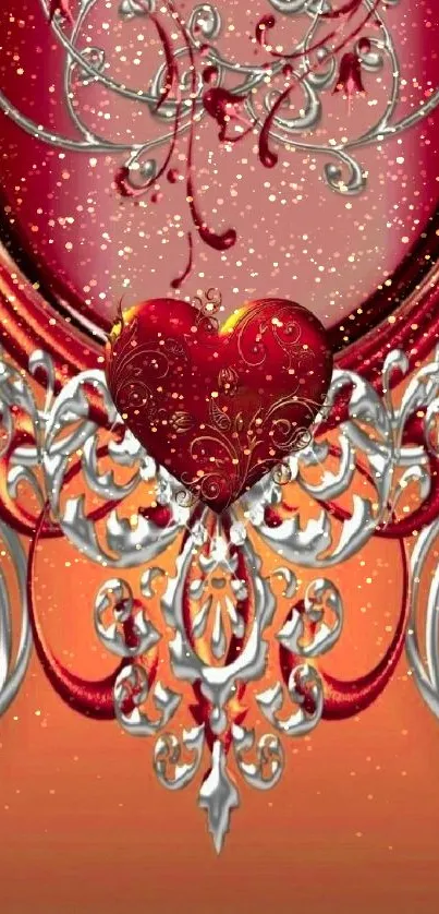 Elegant mobile wallpaper with a detailed red heart and silver design.