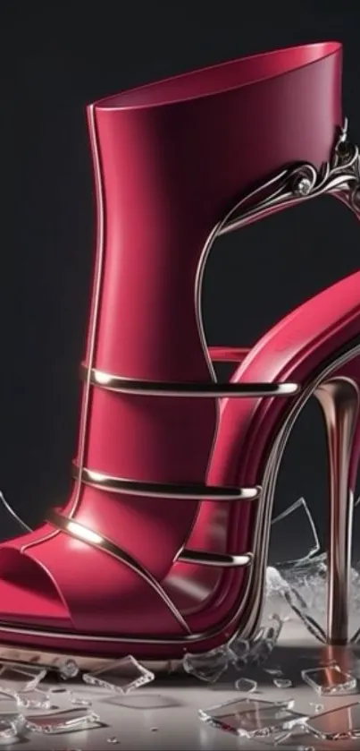 Red high heel with metallic accents on shattered glass.