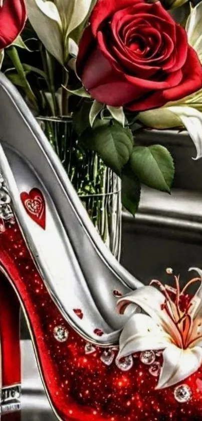 Red high heels with roses and floral design