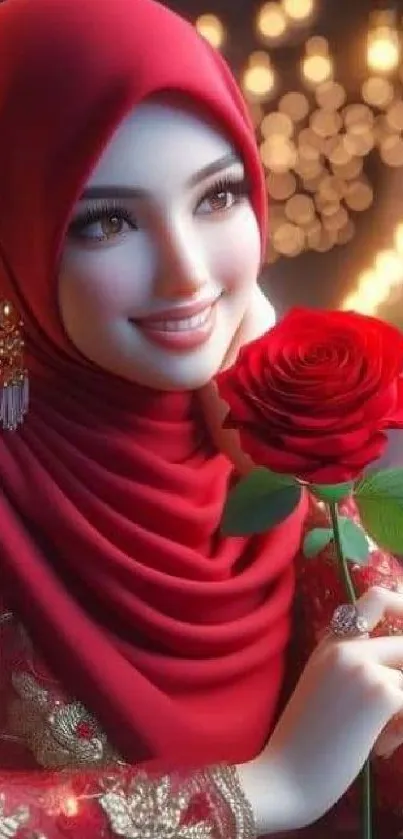 Woman in red hijab holding a red rose with a bright smile and elegant attire.