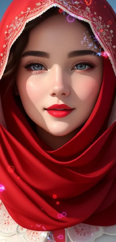 Elegant woman in a red hijab on wallpaper