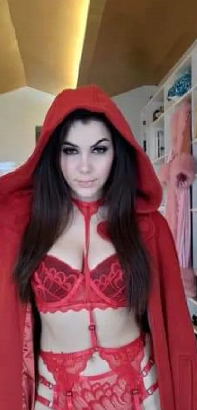 Red hooded outfit with elegant design.