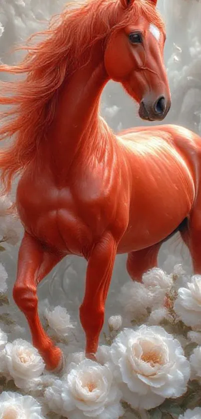 A vibrant red horse standing among blooming white flowers.