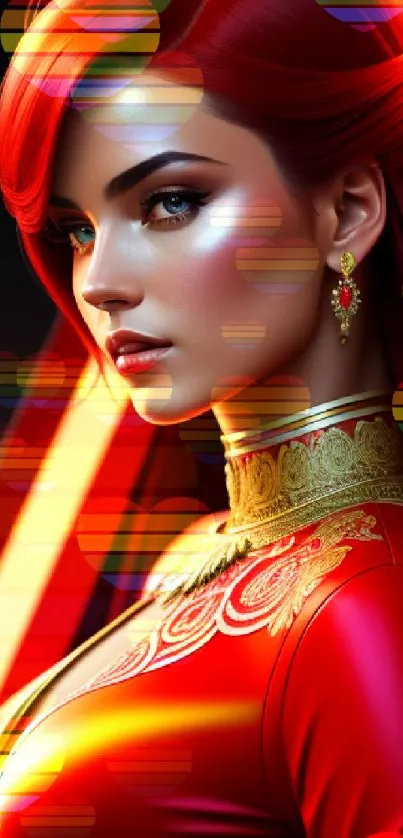 Elegant woman in red with gold details illustration wallpaper.