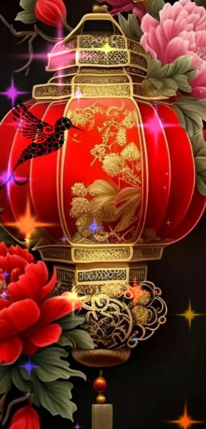 Traditional red lantern with floral and bird design.