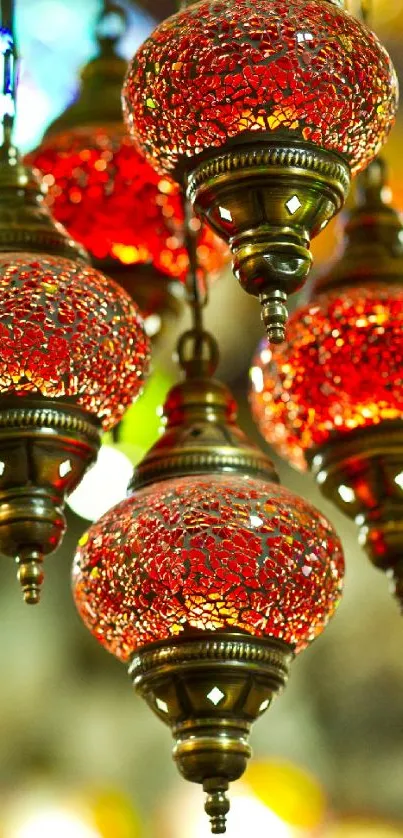 Intricate red lanterns with brass details hanging elegantly.