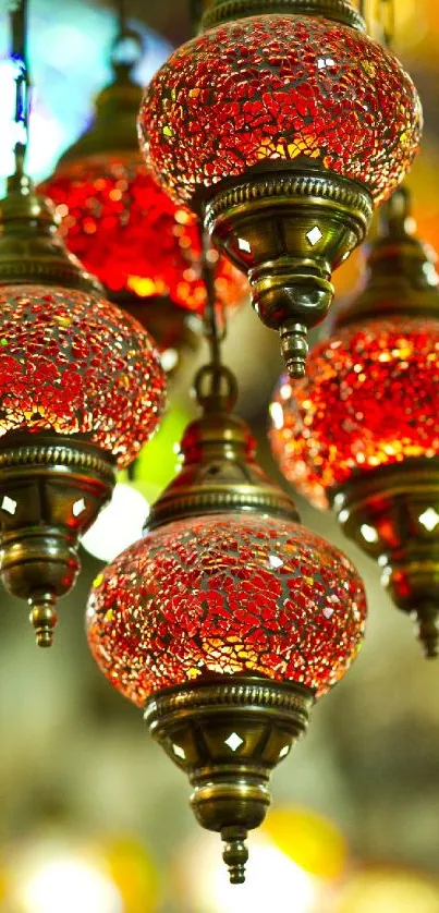 Intricately designed red lanterns glow in a stunning mobile wallpaper.