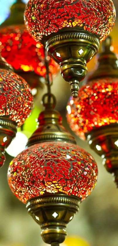 Elegant red lanterns with intricate designs and warm glow.