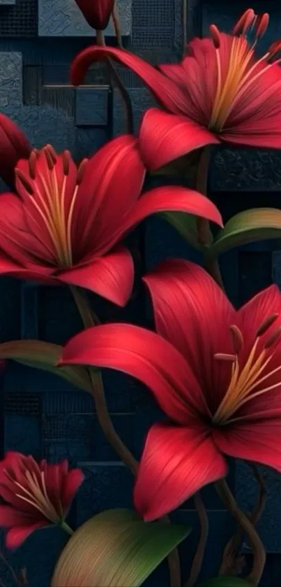 Vibrant red lilies on dark blue background mobile wallpaper.