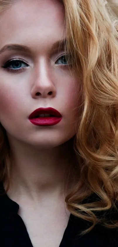 Elegant portrait with red lips and golden curly hair.