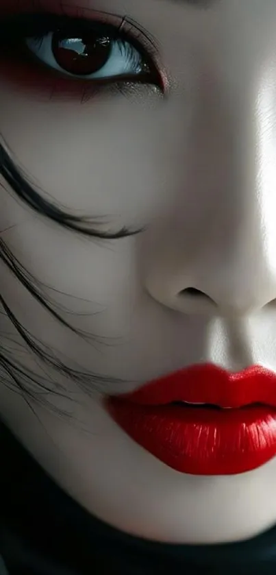 Close-up of a face with striking red lips and makeup.