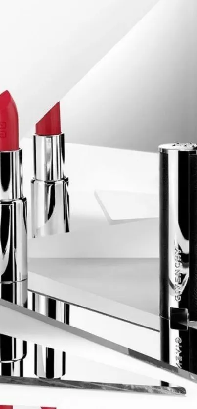 Red lipstick with mirror reflection in a minimalist design.