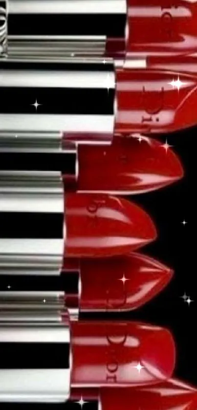 Red lipsticks elegantly arranged against black background.